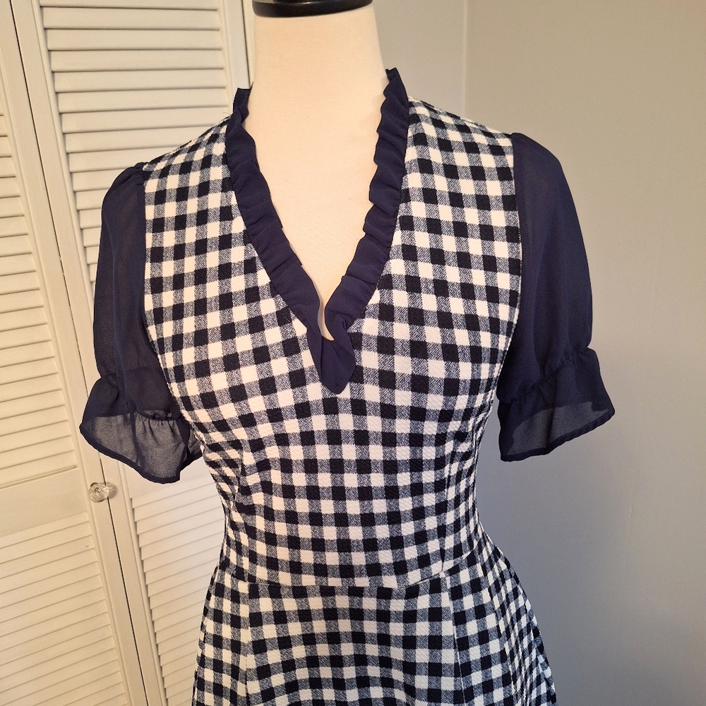 Smak Parlour Vintage Style Fit And Flare Navy and White Gingham Dress Small *L - Picture 4 of 5